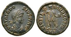 ROMAN IMPERIAL Roman Imperial Coins THEODOSIUS I (379-395). Ae. Obv: DN THEODOSIVS PF AVG. Diademed draped and cuirassed bust right. Rev: GLORIA ROMANORVM Emperor standing facing, head right, holding 
