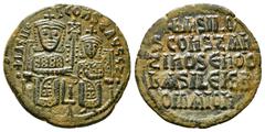 BYZANTINE Byzantine Coins BASIL I THE MACEDONIAN with CONSTANTINE (867-886). Follis. Constantinople. Obv: + ЬASILO S COҺST ЬASILIS. Basil and Constantine seated facing on throne, holding between them 