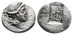 GREEK LYCIA. Lycian League. . 1/4 Drachm (Circa 48-27 BC). Obv: Head of Artemis right, with bow and quiver over shoulder. Rev: Quiver; filleted palm frond to left; all within incuse square. RPC I 3306