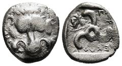 GREEK COINS DYNASTS OF LYCIA. Perikles (Circa 380-360 BC). Tetrobol. Uncertain mint, possibly Limyra. Obv: Facing scalp of lion. Rev: Triskeles within incuse circle. Condition :Very Fine 2,83 g - 15,5