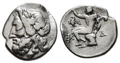 GREEK COINS ARKADIA, Arkadian League. Circa 175-168 BC. AR Triobol – Hemidrachm. Megalopolis mint. Laureate head of Zeus left / Pan seated left on rock, holding lagobolon and raising hand; eagle to le