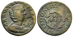 ROMAN PROVINCIAL COINS PHRYGIA,Hierapolis, Annia Faustina (Augusta, 221). AE Obv: ΑΝΝΙΑ ΦΑVСΤЄΙΝΑ СЄΒ - Draped bust right, wearing stephane; c/m: Figure holding scepter (?) and uncertain object. Rev: 