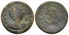 ROMAN PROVINCIAL COINS PHRYGIA,Hierapolis, Annia Faustina (Augusta, 221). AE Obv: ΑΝΝΙΑ ΦΑVСΤЄΙΝΑ СЄΒ - Draped bust right, wearing stephane; c/m: Figure holding scepter (?) and uncertain object. Rev: 