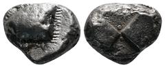 Greek Coins PAPHLAGONIA. Sinope. Drachm (Circa 490-425 BC). Obv: Head of sea-eagle left, with 'talon'; below, dolphin left. Rev: Quadripartite incuse square with two opposing quarters filled, the othe