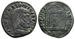 Roman Provincial Coins MAXENTIUS (307-312). Follis. Rome. Obv: IMP C MAXENTIVS P F AVG. Laureate head right. Rev: CONSERV VRB SVAE Hexastyle temple containing Roma, with head left, seated facing on th