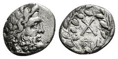 Greek Coins ACHAIA. Achaian League. Antigoneia (Mantinea). Triobol or Hemidrachm (Circa 188-180 BC). Obv: Laureate head of Zeus right. Rev: League monogram; A - N across field. 2,26 g - 13,10 mm