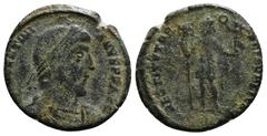 Roman Imperial Coins VALENTINIAN I (364-375). Ae. Rome. Obv: DN VALENTINIANVS P F AVG. Diademed, draped and cuirassed bust right. Rev: RESTITVTOR REIP / RQ. Emperor standing, facing, head right, holdi