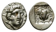 Greek Coins ISLANDS OFF CARIA. Rhodos. Rhodes. (Circa 170-150 BC). Dexikrates, magistrate AR Hemidrachm Obv: Radiate head of Helios facing, head turned slightly to right. Rev. P - O / ΔEΞIKPAT. Rose w