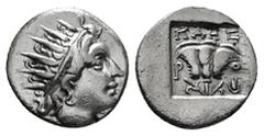 Greek Coins ISLANDS OFF CARIA. Rhodos. Rhodes. (Circa 170-150 BC) AR Hemidrachm Obv: Radiate head of Helios facing, head turned slightly to right. Rev. P - O. Rose with bud. all within incuse square. 