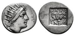 Greek Coins ISLANDS OFF CARIA. Rhodos. Rhodes. (Circa 170-150 BC) AR Hemidrachm Obv: Radiate head of Helios facing, head turned slightly to right. Rev. P - O. Rose with bud. all within incuse square. 