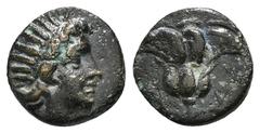Greek Coins ISLANDS off CARICA. Rhodos. Rhodes. (Circa 166-88 BC). AE Obv: Radiate head of Helios right Rev: P-O, rose with bud to right. 1,62 g - 11,68 mm
