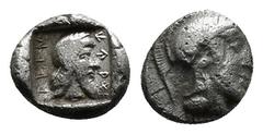 Greek Coins DYNASTS of LYCIA. Kherei. Circa 410-390 BC. AR Hemidrachm. Xanthos (as Arñna) mint.Obv : Head of Kherei right, wearing Persian tiara, within incuse square / Rev : Helmeted head of Athena r