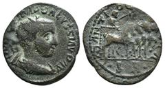 Roman Provincial Coins PISIDIA. Antioch. Volusian (251-253). Ae. Obv: IMP C VIMP CALVSSIAVD AV. Radiate, draped and cuirassed bust right. Rev: ANTIOCHIO CLA / S R. Volusian, holding eagle-tipped scept