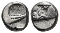 Greek Coins LYCIA. Phaselis. Stater (Circa 500-440 BC). Obv: Prow of galley left in the form of forepart of boar. Rev: ΦΑΣ. Stern of galley right within incuse square. 3,49 g - 12,76 mm