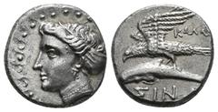 Greek Coins PAPHLAGONIA. Sinope. Siglos or Drachm (Circa 4th-3rd century BC). Obv: Head of nymph left, with hair in sakkos. Rev: ΣINΩ. Sea-eagle standing left, with wings spread, on dolphin left. 4,84