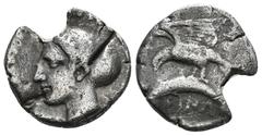 Greek Coins PAPHLAGONIA. Sinope. Drachm (Circa 330-300 BC). Obv: Head of nymph left, with hair in sakkos; aphlaston to left. Rev: ΣINΩ. Sea-eagle standing left, with wings spread, on dolphin left. 5,6