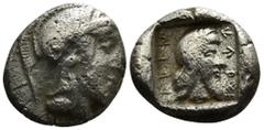 Greek Coins DYNASTS of LYCIA. Kherei. Circa 410-390 BC. AR Hemidrachm. Xanthos (as Arñna) mint.Obv : Head of Kherei right, wearing Persian tiara, within incuse square / Rev : Helmeted head of Athena r