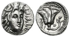 Greek Coins ISLANDS off CARIA, Rhodos. Rhodes. Circa 250-229 BC. AR Didrachm 6.48 g. Mnasimachos, magistrate. Radiate head of Helios facing slightly right / Rose with bud to right; MNAΣIMAXOΣ above; t