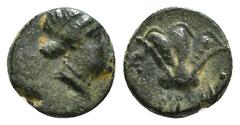 Greek Coins Rhodos, Rhodes Æ Circa 404-385 BC. Head of Rhodos to right, wearing stephane / Rose with buds to left and right; P-O across fields 1,22 g