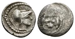 Greek Coins Lycia. Tlos. Uncertain Dynast circa 400 BC. Hemiobol AR Helmeted head of Athena facing to right / Lion’s scalp facing, within a dotted circular border within an incuse circle. nearly very 