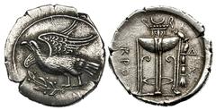 BRUTTIUM. Croton. Ca. 350–300 BC. Silver stater (7.94 gm). Eagle with spread wings perched left on olive branch / KPO, tripod-lebes with high neck, ﬁllet on right hanging from loop handle, control let