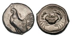 SICILY. Himera. Ca. 483-472 BC. Silver didrachm (8.26 gm). Cock standing left, HIMERA before / Crab, seen from above, within circular incuse punch. SNG ANS 158. Attractively toned. Extremely ﬁne Ex Pe