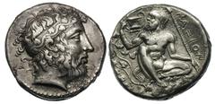 SICILY. Naxos. Ca. 430 BC. Silver tetradrachm (16.50 gm). Head of bearded Dionysus right, wearing headband adorned with ivy vine / ΝΑΞΙΟΝ, nude silenus seated right on ground, head turned left, right 