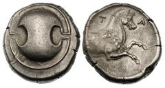 BOEOTIA. Tanagra. Ca. 400–350 BC. Silver stater (12.23 gm). Boeotian shield / Forepart of galloping horse right, garlanded with laurel, T—A in upper ﬁelds. BMC 29, pl. x, 4. Traité III 334. SNG Delepi