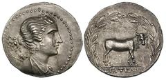 EUBOIA. Eretria. Ca. 180 BC. Silver tetradrachm (16.64 gm). Draped bust of Artemis right, hair tied in knot, bow and quiver at shoulder / ΕΡΕΤΡΙΕΩΝ, cow standing right, horns decorated with ﬁllets, pe