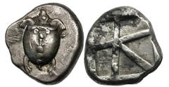 AEGINA. Ca. 480–450 BC. Silver stater (12.29 gm). Sea turtle / “Skew” incuse. SNG Delepierre 1759. Franke-Hirmer 336. A bit of die rust and light encrustation on reverse. Extremely ﬁne Ex Peter Guber 
