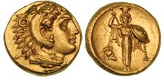 MYSIA. Pergamum. Ca. 334 BC. Gold stater (8.62 gm). Head of young Heracles right in lion skin headdress, paws knotted at neck / Archaistic ﬁgure of Athena standing facing, calathus (grain basket) on h