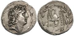 SELEUCID KINGDOM. Tryphon (ca 142/1–138 BC). Silver tetradrachm (16.87 gm). Antioch. Diademed head of Tryphon right / ΒΑΣΙΛΕΩΣ ΤΡΥΦΩΝΟΣ ΑΥΤΟΚΡΑΤΟΡΟΣ, Macedonian helmet adorned with ibex horn, ΠΑ monog