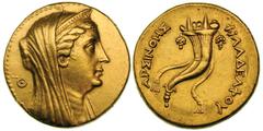 PTOLEMAIC KINGDOM. Arsinoe II (wife of Ptolemy II, ca. 275-270 BC). Gold mnaieion (octadrachm) (27.77 gm). Alexandria, ca. 253–246 BC. Veiled head of deiﬁed Arsinoe II right with ram’s horn, wearing s