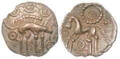CELTIC BRITAIN. Corieltauvi. Silver unit (0.97 gm). Hostidius [sic] Type. Ca. 55-45 BC. Boar standing right, not pierced by spear, rings in ﬁelds containing one to three pellets / Horse standing left,