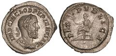 ROMAN EMPIRE. Pupienus (AD 238). Silver antoninianus (3.66 gm). IMP C M CLOD PVPIENVS AVG, laureate, draped and cuirassed bust of Pupienus right / PAX PVBLICA, Pax seated left, holding branch in right