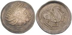 CELTS IN EASTERN EUROPE. Dacian Plain. Late second to early first century BC. Silver tetradrachm (10.41 gm). Kinnlos type. Diademed head of Zeus right, with no chin / Bearded horseman pacing right, le