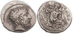 SICILY. Naxos. Circa 430 BC. Silver tetradrachm (16.81 gm). Bearded head of Dionysos right, wearing stephanos ornamented with ivy tendril, hair hanging in loose, curly locks / [Ν]ΑΧΙΟΝ, satyr Silenos 