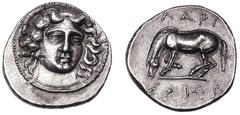 THESSALY. Larissa. Circa 380-365 BC. Silver drachm (6.00 gm). Head of nymph Larissa three quarters right, wearing ampyx and pendant earring / ΛΑΡΙ-ΣΑΙΩΝ horse left with off foreleg raised, about to ro