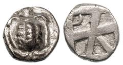 CRETE. Cydonia. Ca. 455–450 BC. AR hemidrachm (2.75 gm). Sea turtle with segmented shell / “Skew” incuse with raised arc in corner of largest segment. E.S.G. Robinson, “Pseudoaeginetica,” NC 1928, pp.