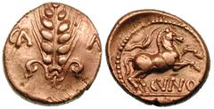 CELTIC BRITAIN. Cunobelin. AV stater (5.24 gm). Classic Type A, ca. AD 20–43. CA—M[V] flanking grain ear with volutes at bottom / CVNO, Romanized horse leaping right, branch above. Hobbs 1830. Cf. Van