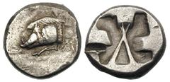 LYCIA. Uncertain dynast. Ca. 520–480 BC. AR stater (9.17 gm). Forepart of collared boar running left / Incuse with square projections entering from three sides, transected by crossed lines in middle. 
