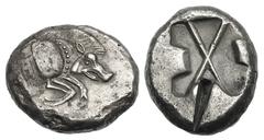 LYCIA. Uncertain dynast. Ca. 520–480 BC. AR stater (8.88 gm). Forepart of collared boar running right / Incuse with square projections entering from three sides, transected by crossed lines in middle.