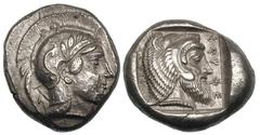 LYCIA. Kherei (ca. 410–390 BC). AR stater (8.51 gm). Head of Athena right, wearing round earring and crested Attic helmet ornamented with olive leaves above visor and vegetative tendril on bowl, Lycia