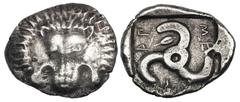 LYCIA. Mithrapata. Ca. 380 BC. AR stater (9.66 gm). Facing lion’s scalp / Lycian inscription Mithrap, triskeles, grain kernel in field, all in shallow incuse square. Olçay and Mørkholm, NC 1971, 112, 