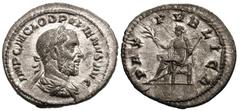 ROMAN EMPIRE. Pupienus (AD 238). AR denarius (2.65 gm). Rome, 22 April–29 July AD 238. IMP C M CLOD PVPIENVS AVG, laureate, draped, cuirassed bust of Pupienus right / PAX PVBLICA, Pax seated left, hol