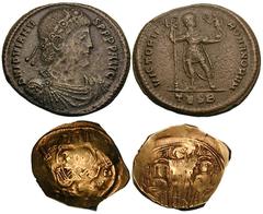Lot of 2 coins, late Roman and late Byzantine. Roman empire, Jovian, Æ 1, Thessalonica, rev. emperor standing facing in military attire, holding labarum and Victory on globe (RIC 235). Byzantine empir