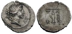 LYCIA. Tlos. Second–first century BC. AR quarter drachm (0.81 gm). ΛV, head of Artemis right, wearing stephane, bow and quiver over shoulder / T—Λ, quiver with strap, winged kerykeion to right, K—P ac