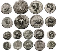 Lot of 8 Greek silver minors from Asia Minor and 1 Roman Republican quinarius. Pontus, Amisus, fourth century BC, half siglos, Hera / eagle (SNG BM 1114). Lydia, Tralles, 131 BC, half cistophorus, lio