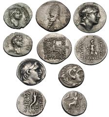 Lot of 5 royal Hellenistic silver drachms. Macedonian kingdom, Alexander III, the Great (336–323 BC), “Colophon,” ca. 310–301 BC, Heracles / Zeus (Price 1797). Kingdom of Pontus and Bosporus, Polemo I