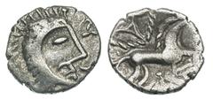 GREAT BRITAIN. Iceni. “Boudicca” (AD 61). AR unit (1.24 gm). Celticized head right / Celticized horse right, wheel above, lozenge below. Hobbs 3556ff. (uninscribed East Anglian). VA 790–1. Very fine V